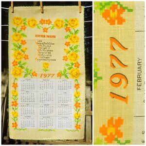 VTG 1977 Calendar Towel Kitchen Prayer & Floral Faux Cross Stitch Crochet Edge